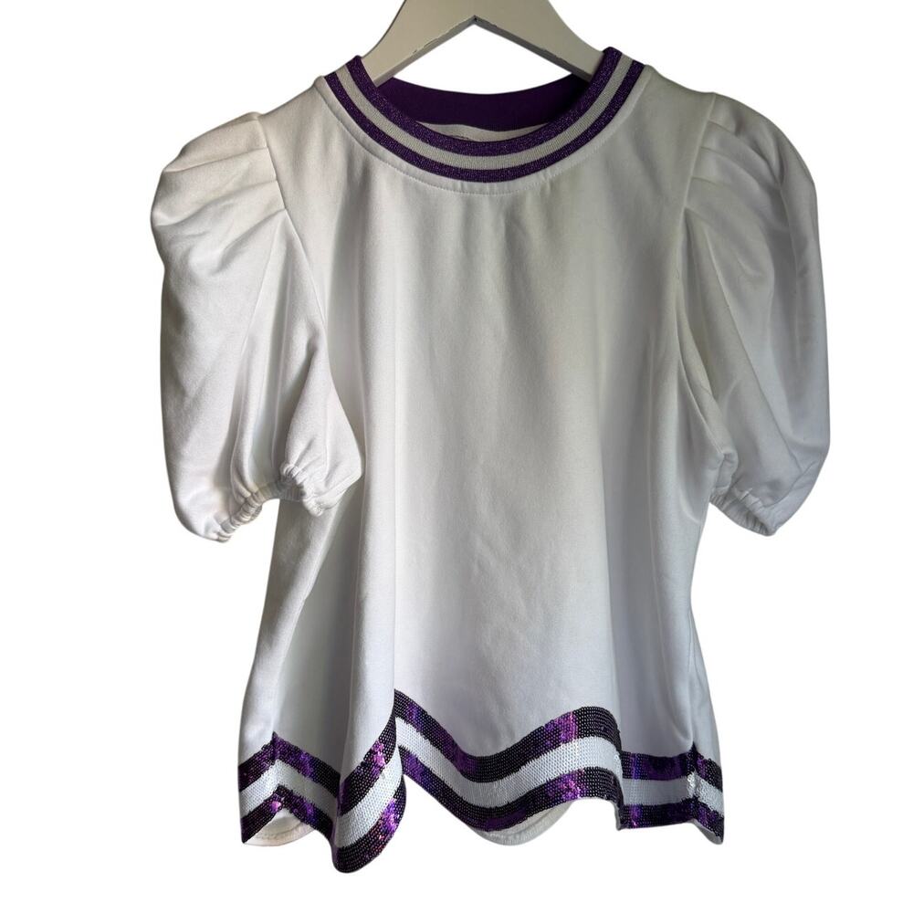 Queen of Sparkles Purple White Sequin Puff Sleeve Top Small LSU Game Day
